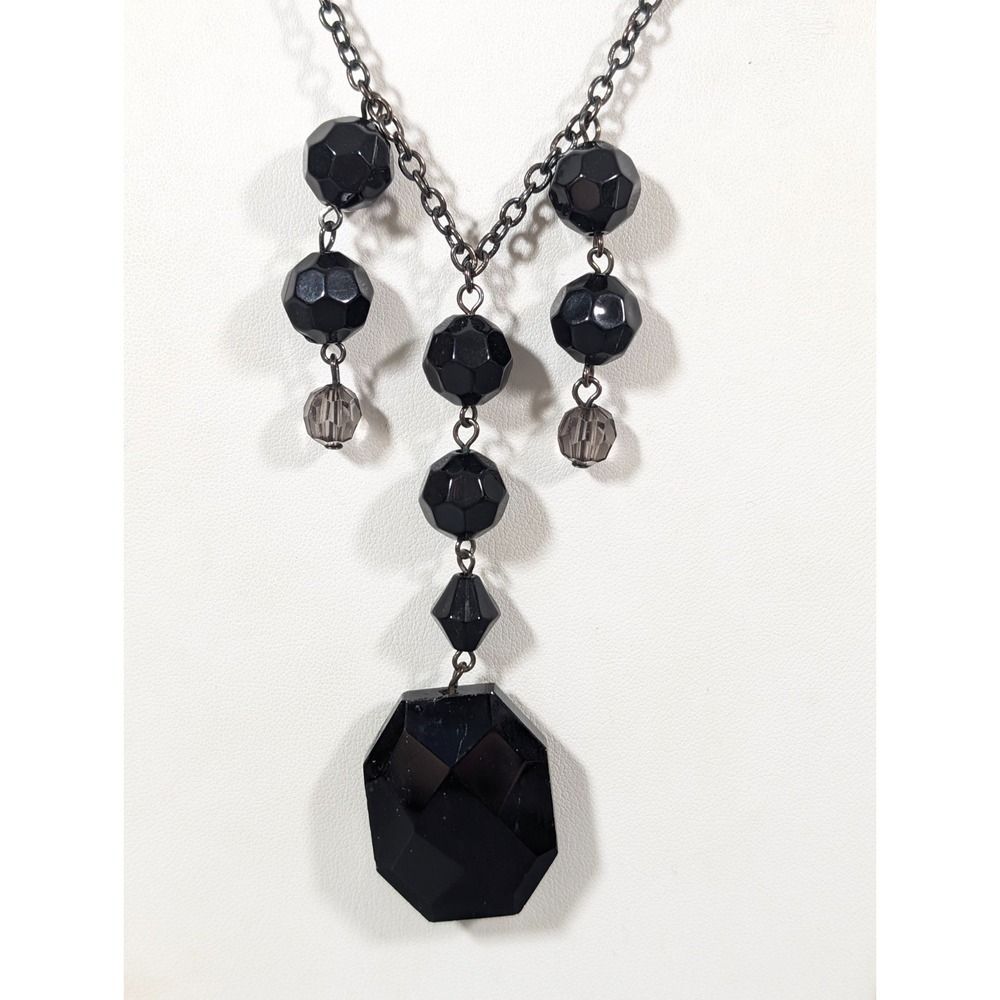 Gothic‎ Victorian Black Bead Fringe Pendant Necklace Glass Statement 19"